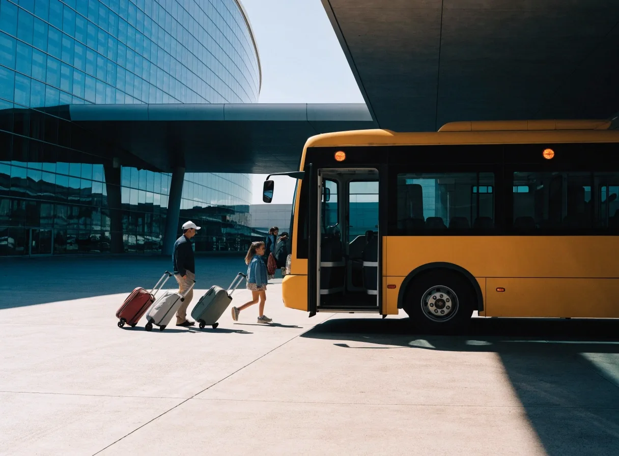 Shuttle bus at its bay under the terminal overhang