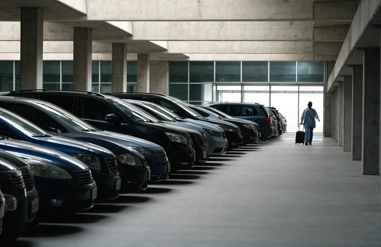 Open-air long-term car park rows at Melbourne Airport at noon