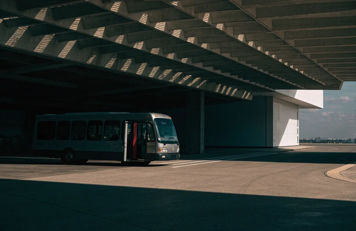 Shuttle bus waiting at its bay under the terminal overhang