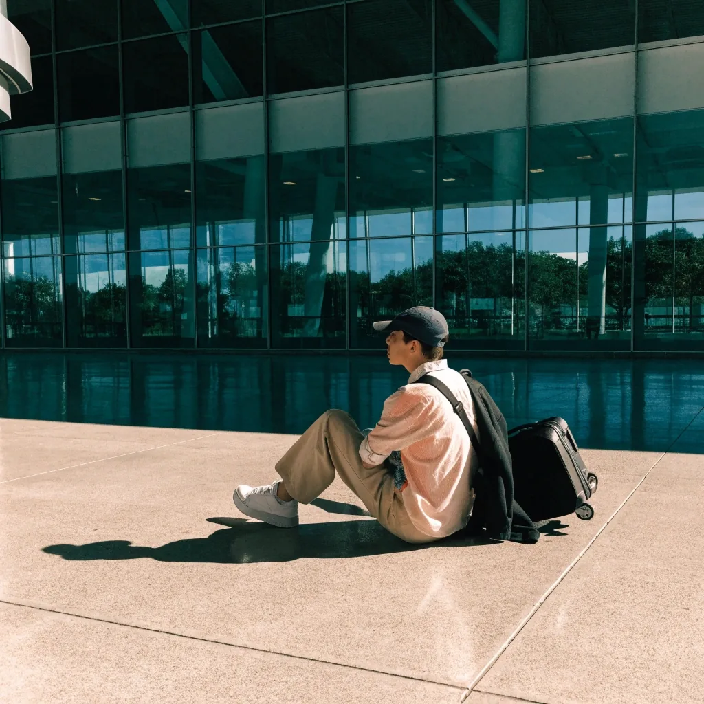 Traveller with suitcase on a sunlit airport walkway
