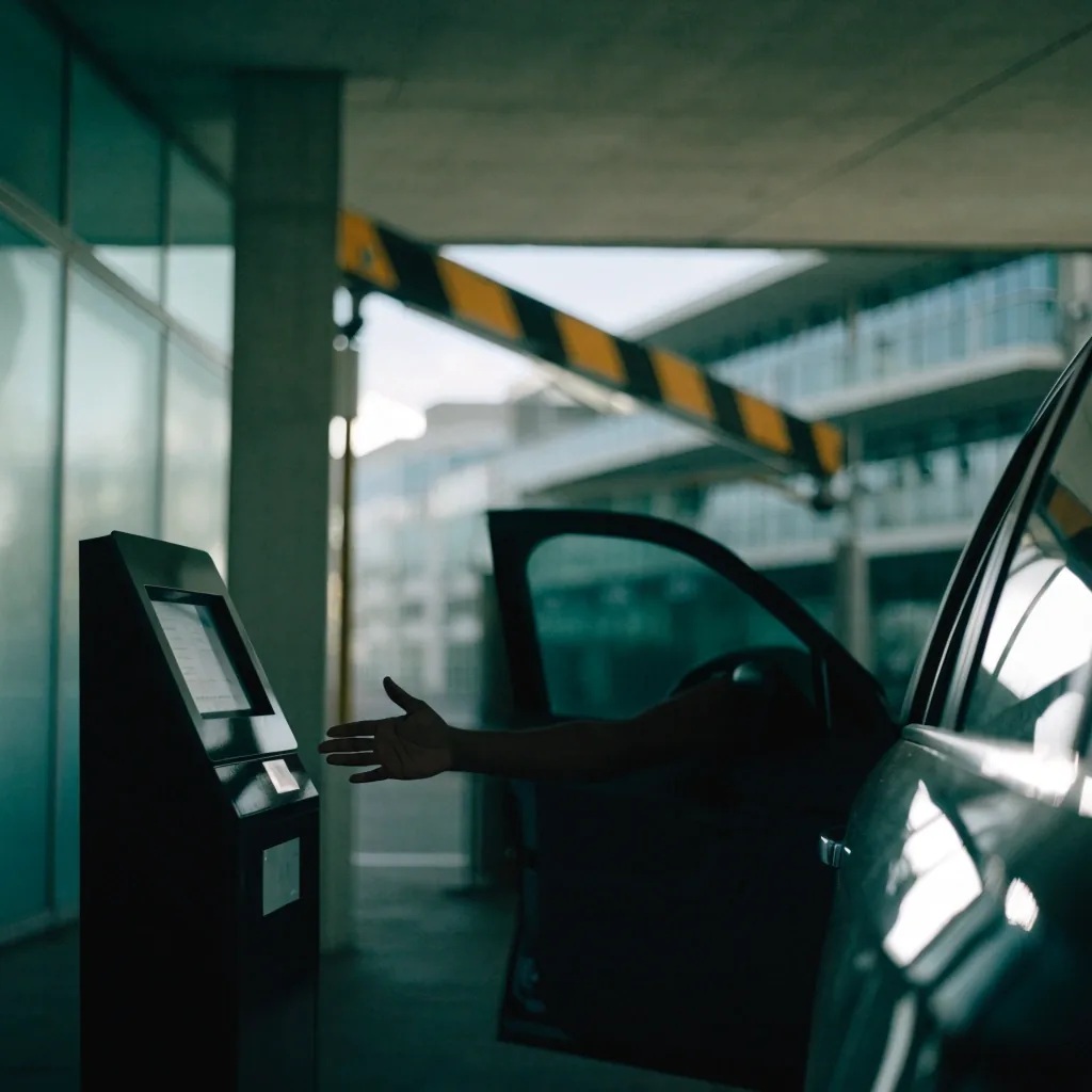 Traveller hand at a Melbourne Airport parking entry kiosk in shade