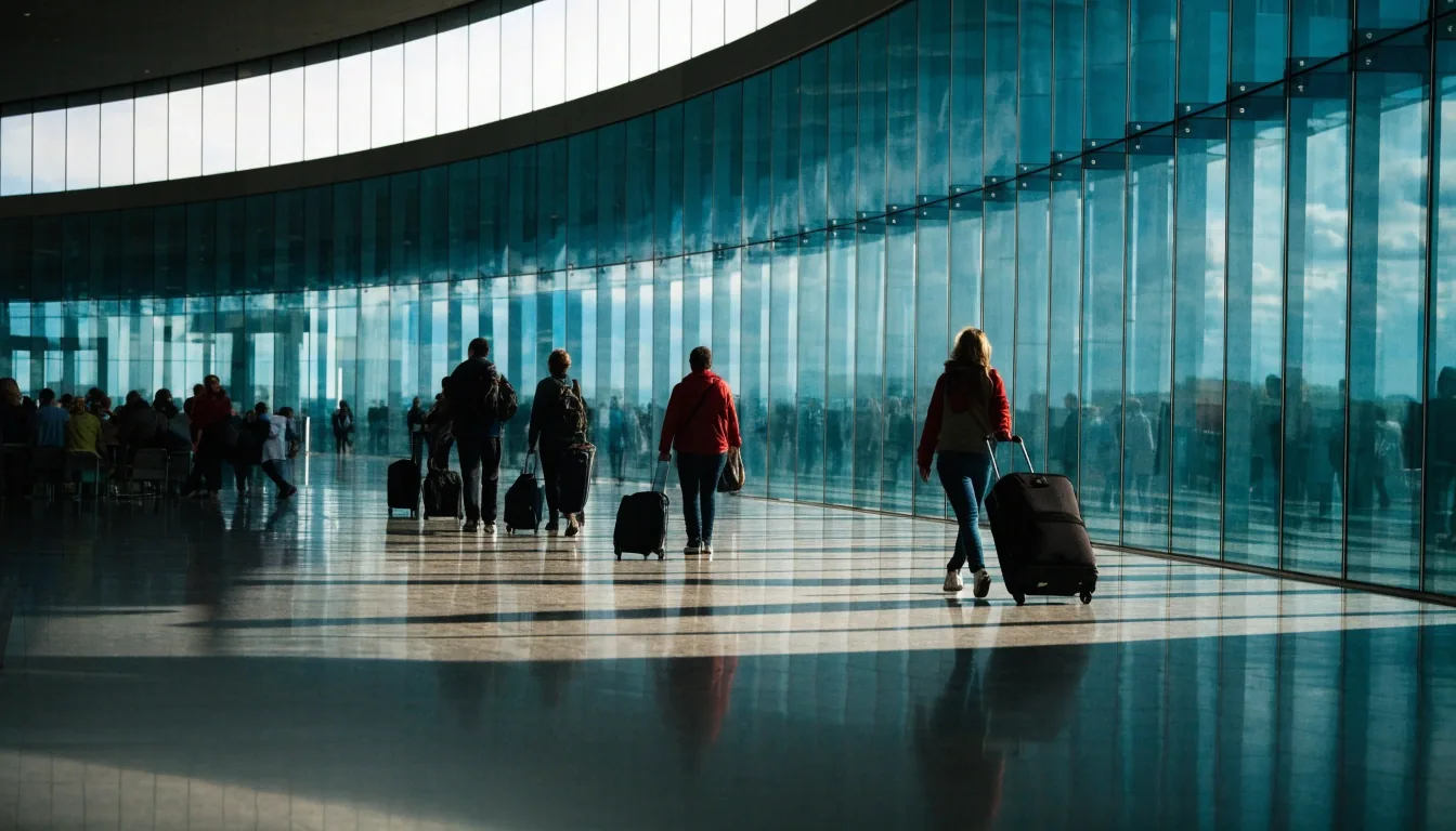 Arrivals concourse at Melbourne Airport at midday with daylight through glass
