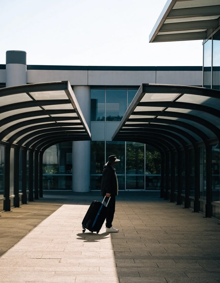 Quiet airport walkway at midday with a suitcase casting a short shadow