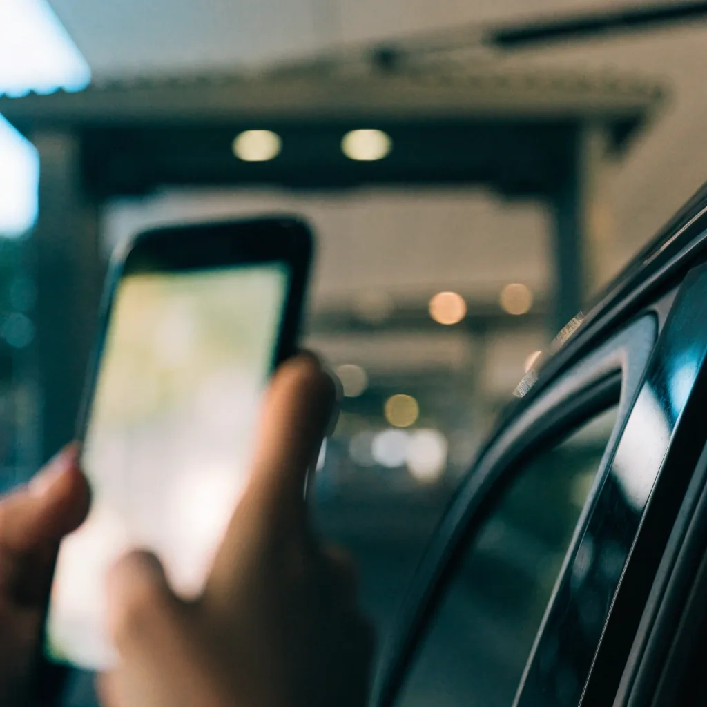 Hand holding phone at shaded car park entry point
