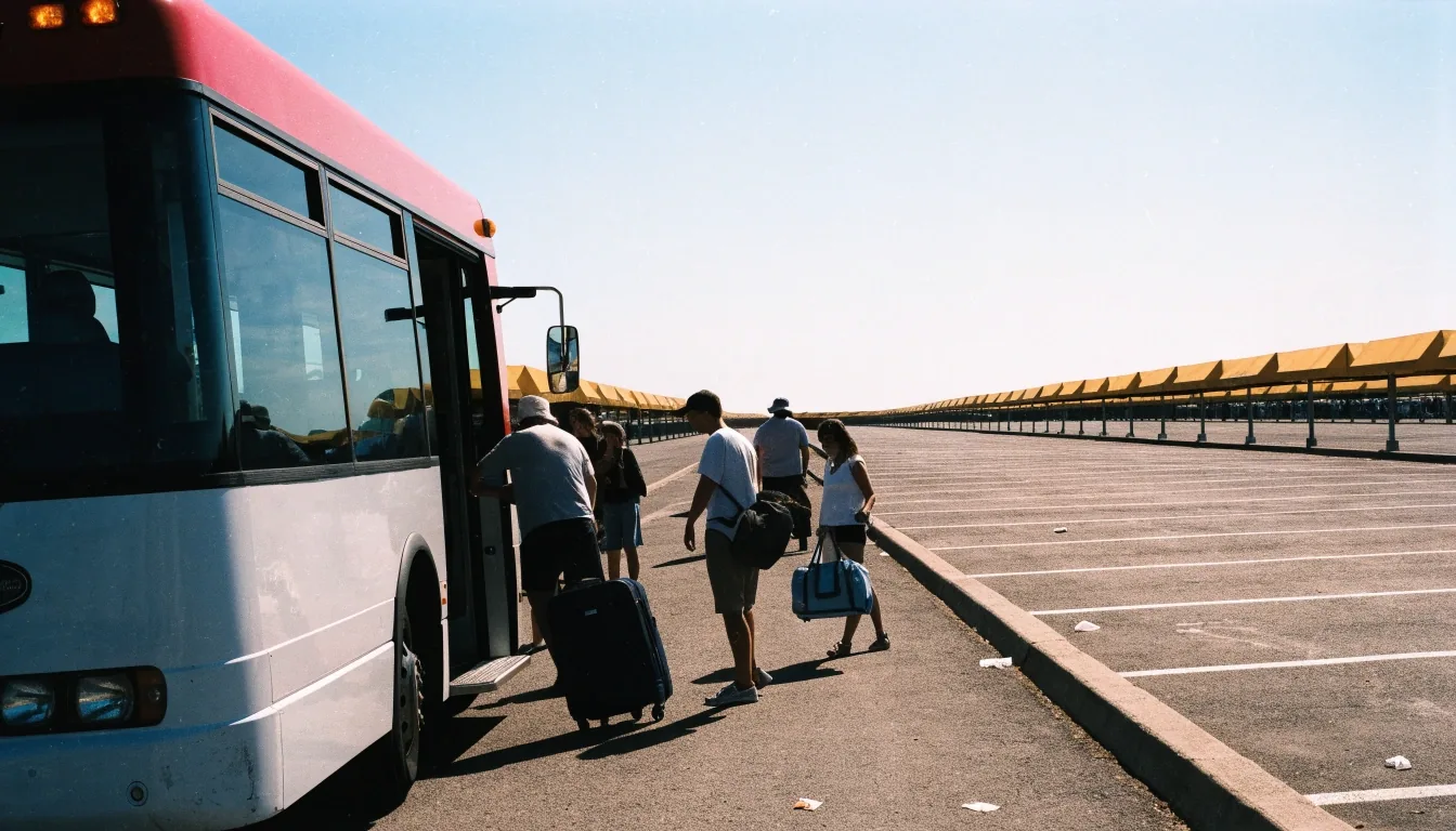 Open-air long term airport parking rows under midday sky
