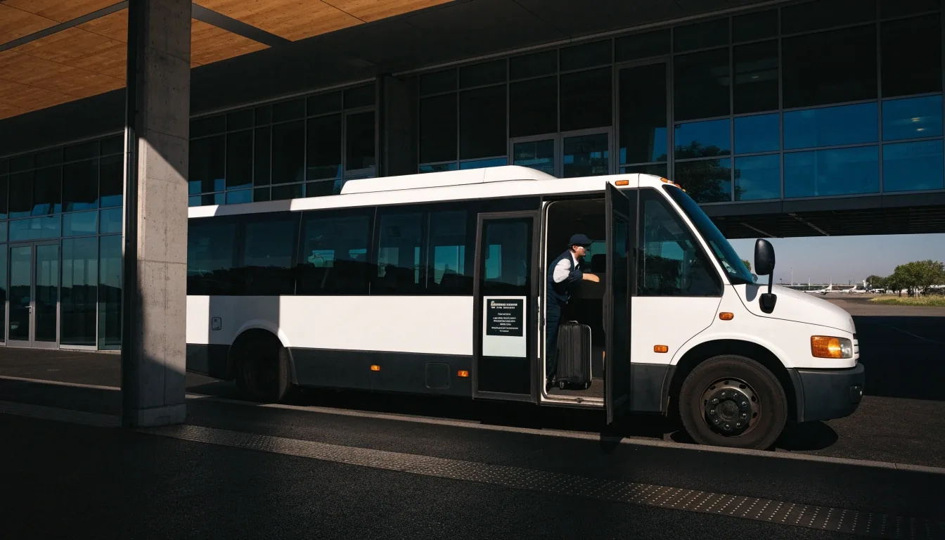 Shuttle bus at terminal bay with doors open at midday