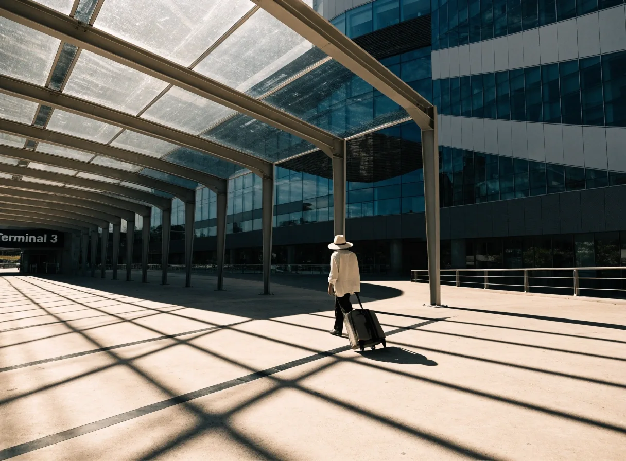 Suitcase on airport walkway with hard midday shadow