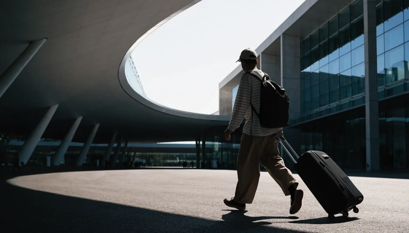 Traveller with suitcase approaching Melbourne Airport Terminal 3 forecourt at midday
