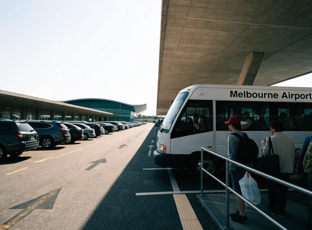 Open-air long term car park and shuttle bay at Melbourne Airport at midday