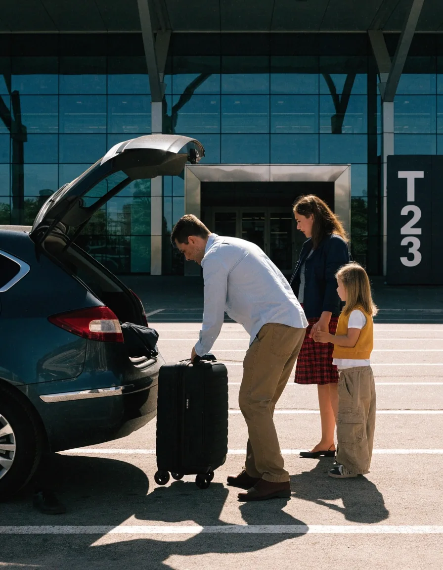 Family with luggage walking through the arrivals concourse