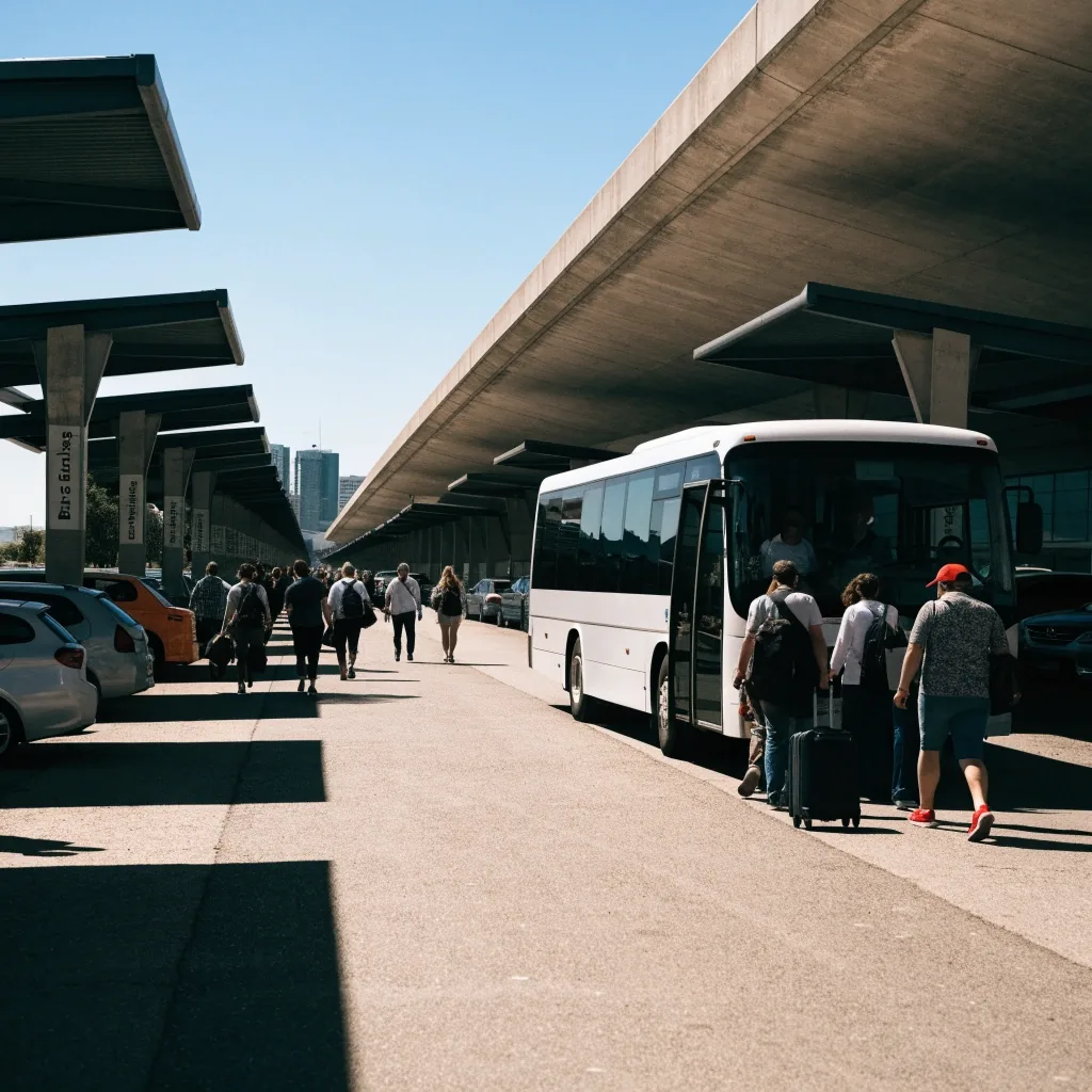 Open-air value car park with shuttle bus at its bay