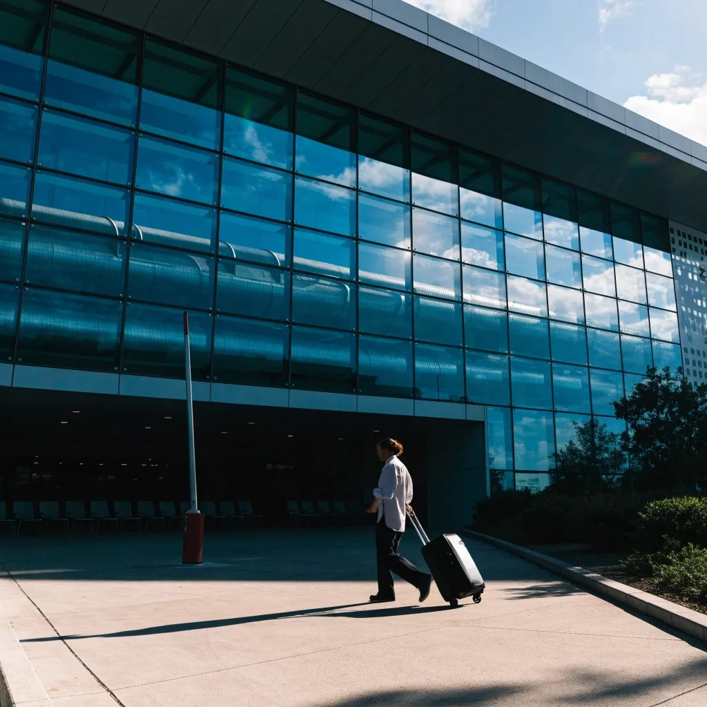 Terminal forecourt walkway with boom gate and terminal beyond