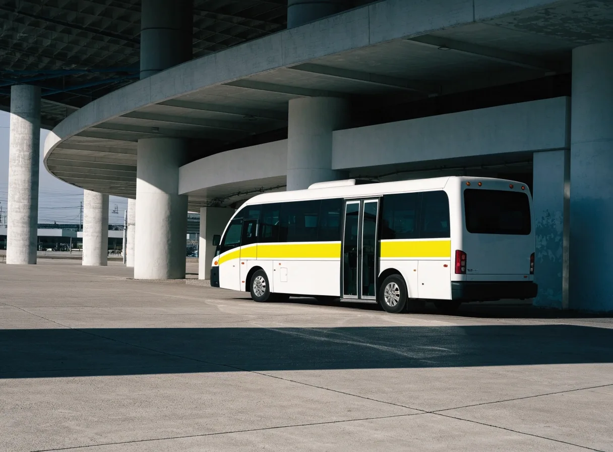 Shuttle bus at its bay under the terminal overhang