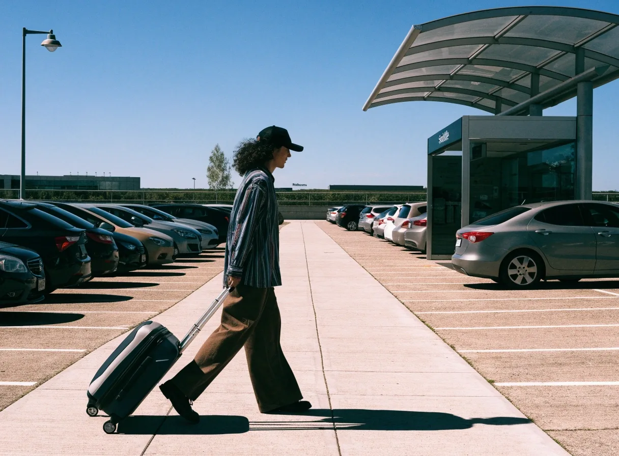 Traveller with a suitcase walking toward the shuttle stop